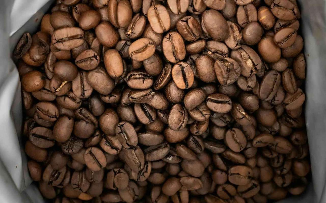 Gestapelte neutrale Kaffeetüten mit Aromaventil, versandfertig neben einer Kartonage